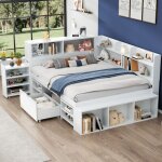 Lit enfant multifonctionnel avec tiroirs et �tag�res, grand espace de rangement et sommier � lattes inclus ...