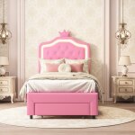 Lit enfant princesse avec led et rangement - 90x200 cm - tête de lit couronne capitonnée, coloris rose ... Lit enfant princesse avec led et rangement - 90x200 cm - tête de lit couronne capitonnée, coloris rose ...