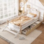 Lit enfant 90x200 cm lit simple avec barrire de scurit, chelle latrale et design de toit unique, ...