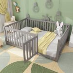 Lit enfant, sans matelas, lit simple sans sommier  lattes, barrire, bois, gris, 140x200 cm