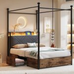 Lit enfant simple 90x190 cm, 2 tiroirs, led, avec baldaquin amovible, cadre mtallique, port usb / type ...