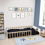 Lit enfant inspiration montessori au sol à barreaux naturel et blanc 90x190 Lit enfant inspiration montessori au sol à barreaux naturel et blanc 90x190