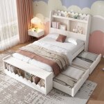 Lit enfant avec tiroirs, �tag�res et banc de rangement, finition blanche et ch�ne - 90 x 190 cm