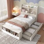 Lit enfant avec tiroirs, �tag�res et banc de rangement, finition blanche et ch�ne - 90 x 200 cm
