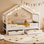 Lit enfant avec toit et 2 grands tiroirs - cadre bois / mdf robuste, charge 120kg - vernis uv inodore ...