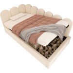 Lit enfant en velours, avec rangement hydraulique, sommier � lattes en m�tal, beige