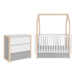 Lit volutif cabane 70x140 et commode 3 tiroirs bellamy pinette blanc et gris