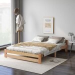 Lit futon en bois massif 200x140 cm avec t�te de lit et sommier, naturel, robuste et confortable