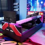 Lit gaming enfant 90x200 similicuir color block, led, rangement hydraulique, support tv lit multifonctionnel ...