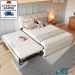 Lit gigogne 140x200 + 90x200 - lit capitonn� tissu - lit adulte 140x200 - avec 2 sommiers et un tiroir ...