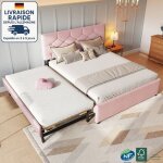 Lit gigogne 140x200 + 90x200 - lit capitonn� tissu - lit adulte 140x200 - avec 2 sommiers et un tiroir ...
