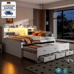 Lit gigogne 140x200 cm - canap - lit 2 places , lit de jour multifonction avec tlcommande led, 3 tiroirs, ...