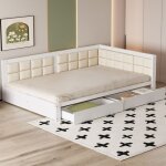 Lit gigogne 140x200 cm, canap lit multifonction avec deux tiroirs de rangement, dossier moelleux, sommier ...