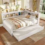 Lit gigogne 140x200 cm, lit double avec prise �lectrique, 2 ports usb et sommier � lattes, en bois, blanc, ...