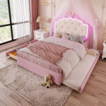 Lit gigogne 140x200cm avec 2 tiroirs, led, lit double rose pour enfant, pour fille, pu, ??sans matelas ...