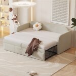 Lit gigogne 90 / 180x190 cm - lit canap� en tissu lin - avec sommier � lattes - beige