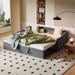 Lit gigogne 90 / 180x200 cm, avec sommier  lattes, tissu velours, canap lit multifonction escamotable, ...