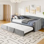 Lit gigogne 90x190 / 180x200 cm, lit banquette 2 places avec sommier en bois massif, coussins velours, ...