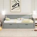 Lit gigogne 90 x 200cm, lit de jour extensible, canap - lit avec sommier  lattes en bois et 2 tiroirs, ...