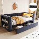 Lit gigogne 90x190 cm, canap� lit avec led, prise int�gr�e et 2 tiroirs de rangement, lit capitonn� velours ...