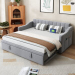 Lit gigogne - lit 90x190 cm - avec prise, sommier et rangement - velours gris clair - sans matelas