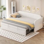 Lit gigogne - lit 90x190 cm avec sommier � lattes - tissu en lin beige - sans matelas