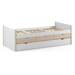 Lit gigogne 90x190 en pin massif et mdf laqu� blanc avec rangement 3 tiroirs - vaklav