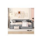 Modernluxe - lit gigogne 90x200(190) cm, canap - lit, sommier  lattes, tissu en lin, gris
