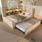 Lit gigogne 90x200 / 90x190 cm, avec �clairage led, t�te de lit en l avec espace de rangement, lin, beige ...