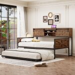 Lit gigogne 90x200 cm, avec sommier  lattes extractible, compartiment de rangement et prise multifonction, ...