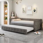 Lit gigogne 90x200 cm avec sommier � lattes, rivets � double rang�e, tissu en velours, gris