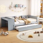 Lit gigogne 90x200cm, avec bureau et 3 �tag�res, cadre de lit gigogne, sommier � lattes, canap� - lit ...