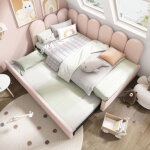 Lit gigogne - lit 90x200cm - lit enfant � lattes - tissu en velours rose - sans matelas