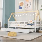 Modernluxe - lit gigogne 90x200cm avec sommier à lattes - lit cabane en bois massif - blanc Modernluxe - lit gigogne 90x200cm avec sommier à lattes - lit cabane en bois massif - blanc