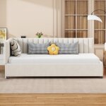 Tanant - lit gigogne capitonn� 90x200cm, canap� - lit, sommier � lattes, lit simple, velours, beige