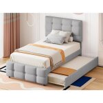 Modernluxe - lit gigogne capitonn� 90x200cm - t�te de lit r�glable - tissu en lin - gris