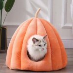Lit grotte pour chat style citrouille avec coussin amovible tente douce chiens chats 40x40x35cm