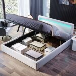 Lit led rembourr, 140x190 cm, lit coffre pour adultes, avec sommier  lattes et tte de lit, simili ...