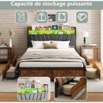 Rosahqnda - lit mtal 160 x 200 cm, lit double, avec led, 4 tiroirs, avec sommier  lattes mtal et tte ...