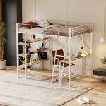Lit mezzanine 90x200 cm lit en fer avec bureau et 3 tagres, pour enfants, ados et adultes, en mtal, ...