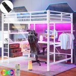 Lit mezzanine 140200cm, lit ado led, avec bureau et 3 tiroirs, usb + prise, sans matelas, mtal, blanc ...
