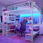 Lit mezzanine 140 x 200 cm, lit adulte avec bureau int�gr�, �tag�res, led, prise usb?type?c, m�tal et ...