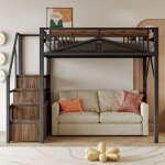 Lit mezzanine 140 x 200 cm, barri�res de s�curit�, �chelle pouvant �tre d�plac�e de gauche � droite, ...