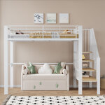 Lit mezzanine 140 x 200 cm, lit enfant avec sommier � lattes, cadre de lit en m�tal, escalier, design ...