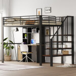 Lit mezzanine 140 x 200 cm, lit enfant avec sommier � lattes, cadre de lit en m�tal, escalier, design ...