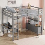 Lit mezzanine 140 x 200 cm lit enfant avec tiroirs de rangement et bureau sous le lit, gris, sans matelas ...