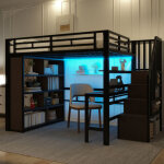 Lit mezzanine 140 x 200 cm - structure en fer - avec bureau + compartiments de rangement - avec bande ...