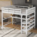 Lit mezzanine 140x200 cm lit enfant avec rangements et bureau sous le lit, en bois de pin, blanc, sans ... Lit mezzanine 140x200 cm lit enfant avec rangements et bureau sous le lit, en bois de pin, blanc, sans ...