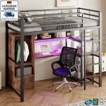 Lit mezzanine 140 x 200cm - lit en mtal - style industriel - bande lumineuse led rglable - contient ...