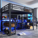 Lit mezzanine 140x200 cm, lit adulte enfant avec bureau, led et usb, rangements escalier, sans matelas, ...